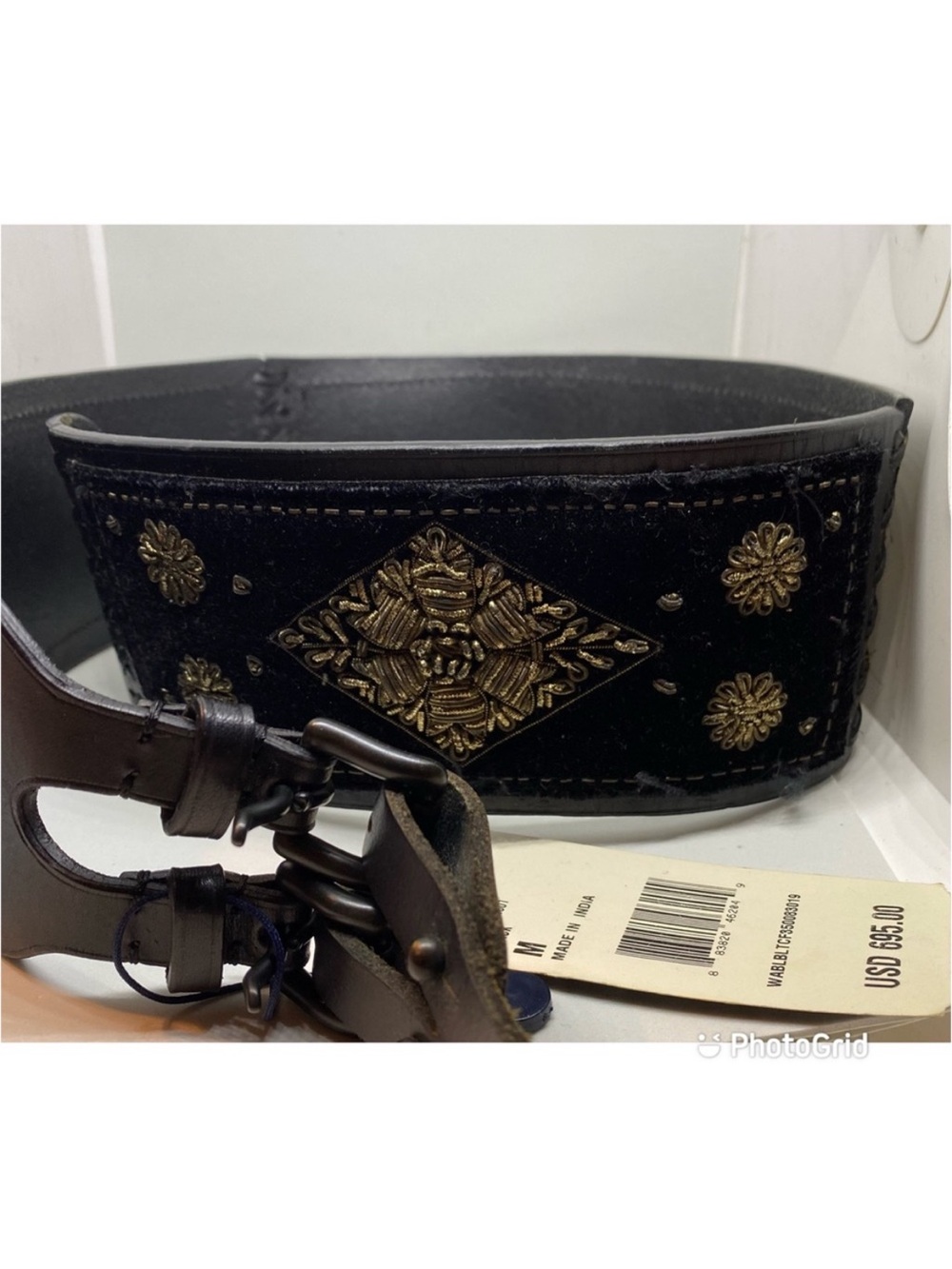 Ralph Lauren Collection Embellished Black Leather Waist Belt with Gold Motif